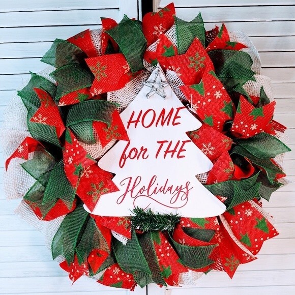 Hand Crafted Burlap Ribbon Wood Sign Home For The Holidays Christmas Wreath 22" - Picture 1 of 7